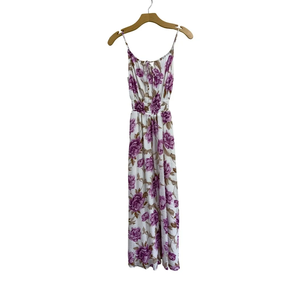 Abercrombie & Fitch Purple Floral Maxi Dress XS Smocked Waist Pockets White